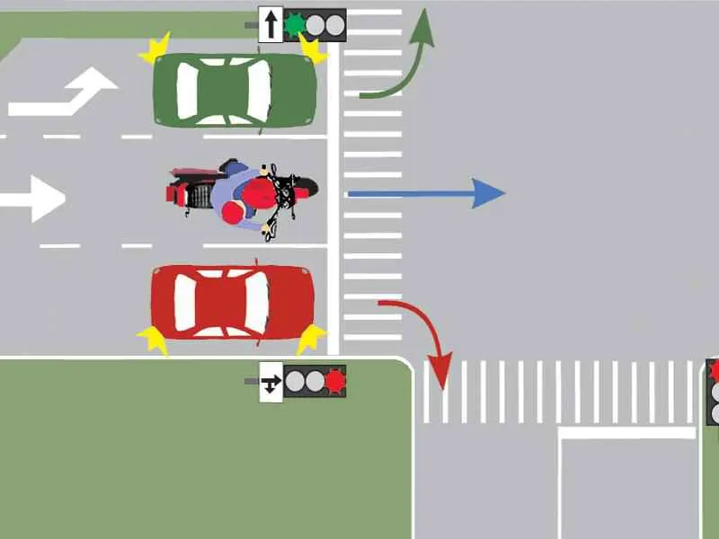 Precizaţi dacă motociclistul din imagine are voie să intre în intersecţie: