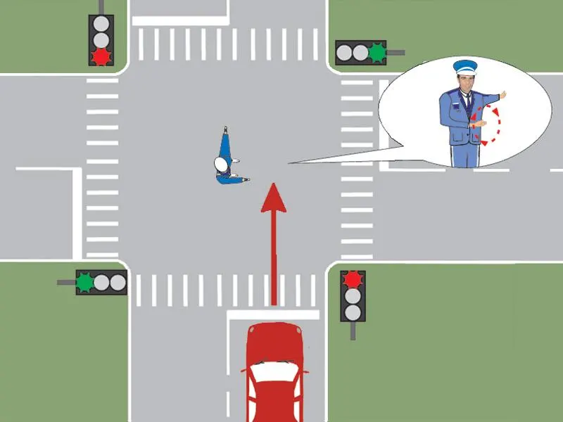 Polițistul din intersecție semnalizează conducătorul auto să mărească viteza. Cum trebuie să procedeze acesta?